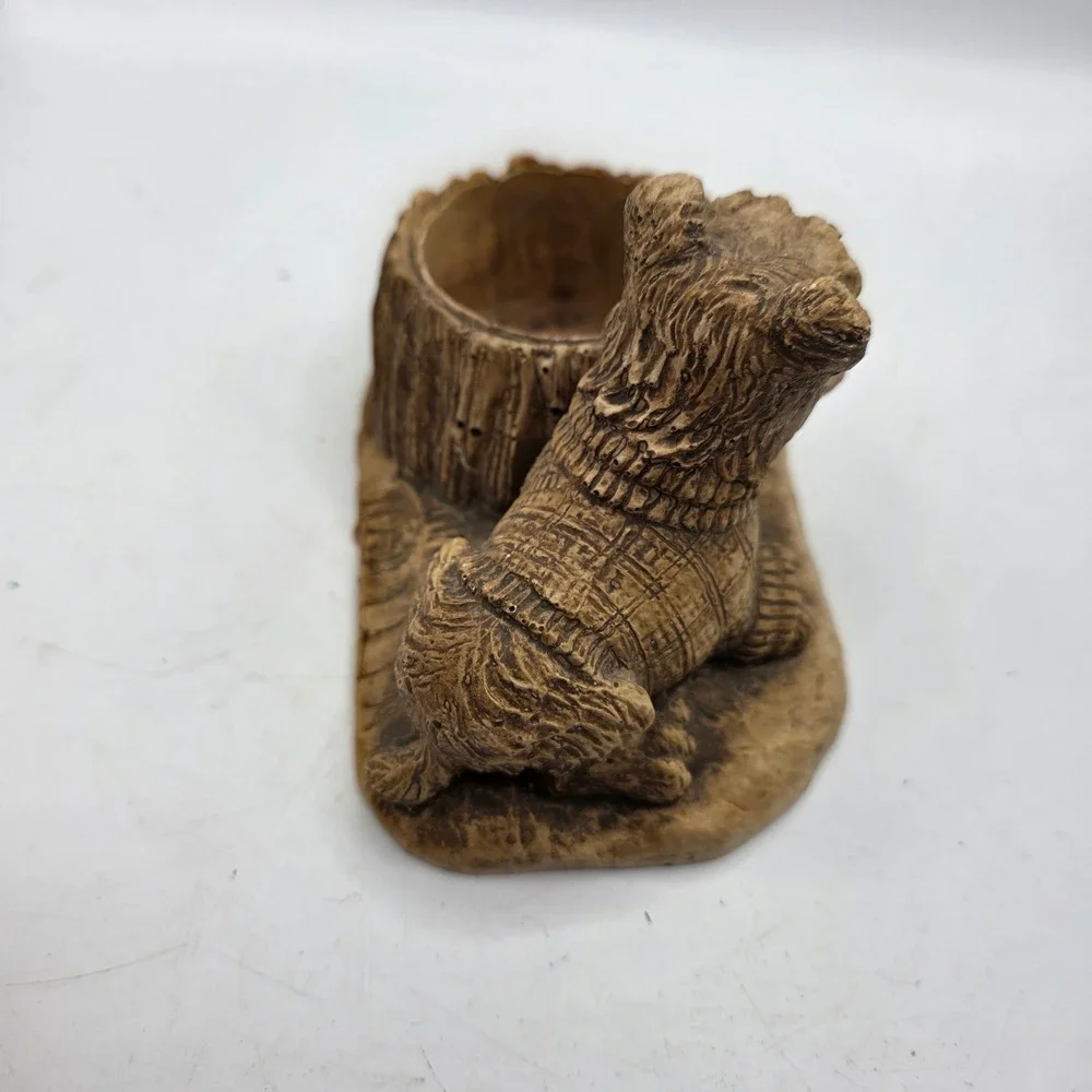 Vintage Terrier Scottie Dog Tree Stump Planter Figurine Bone Rustic Ceramic